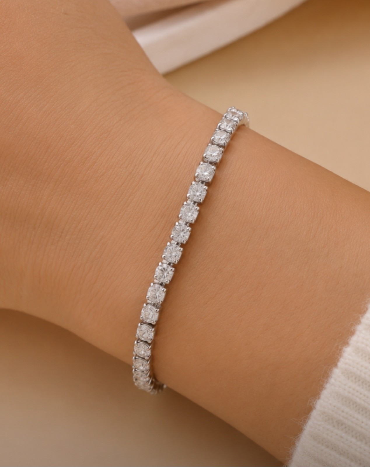 Silver Tone Stainless Steel CZ Tennis Bracelet w/ Extender, Adjustable 7.6-8″