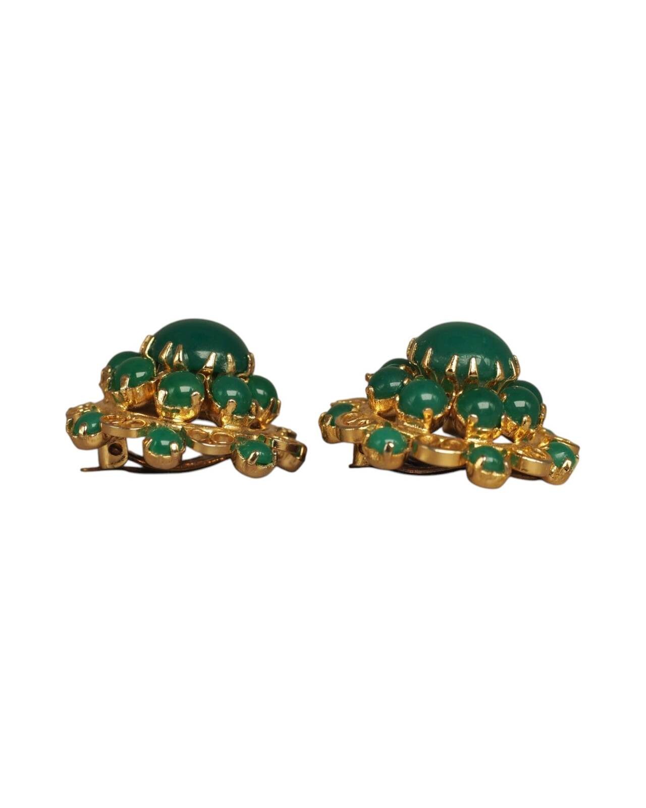 Mid-Century Gold-Tone Filigree Green Cabochon Clip-On Earrings