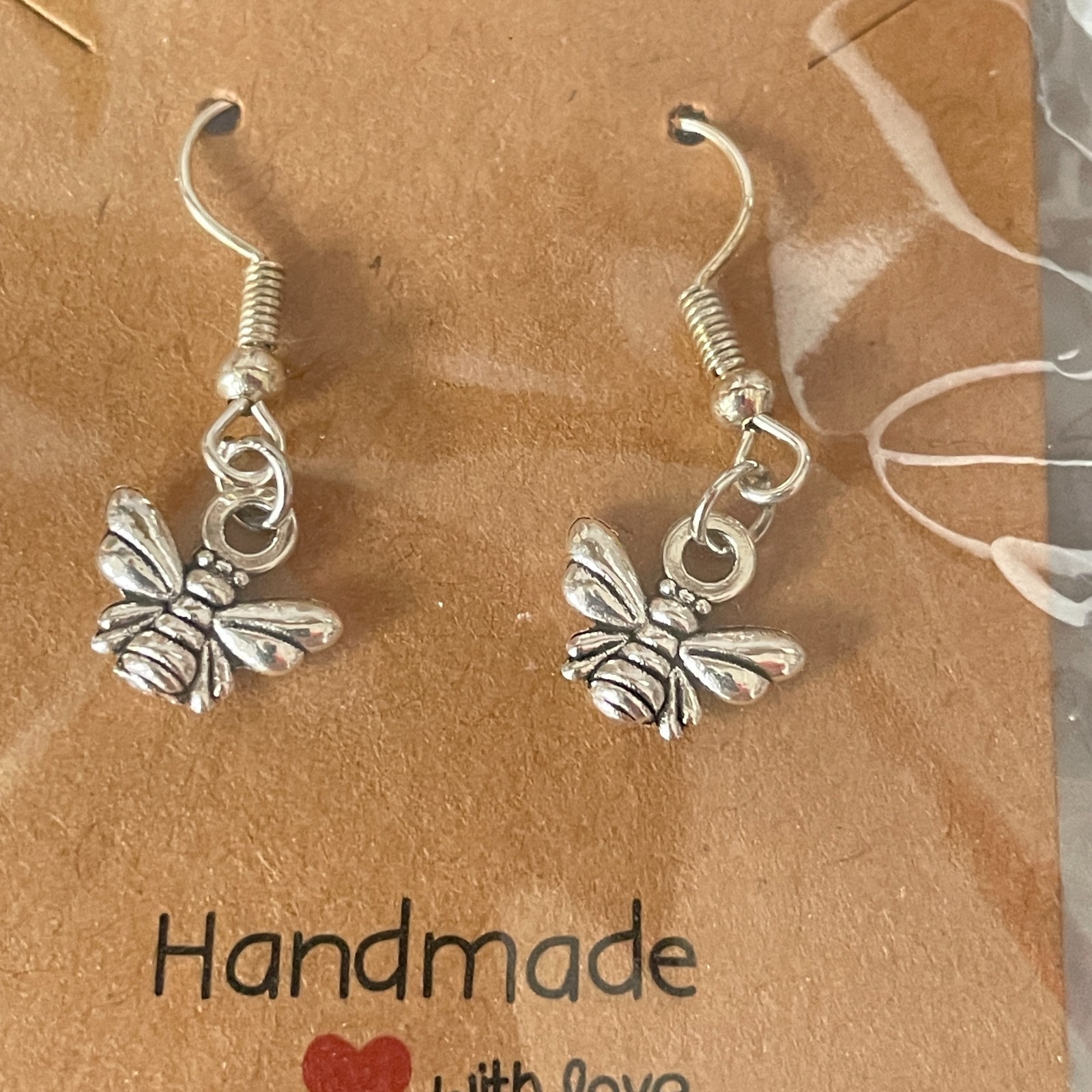 Pocket Hug – Handmade Earrings Silver Tone Tiny Bee Charm Drop Hook Gift