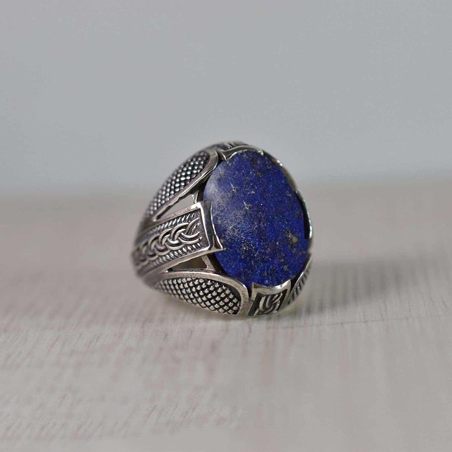 Solid 925 Sterling Silver Natural Blue Lapis Lazuli Gemstone Men’s Unisex Ring