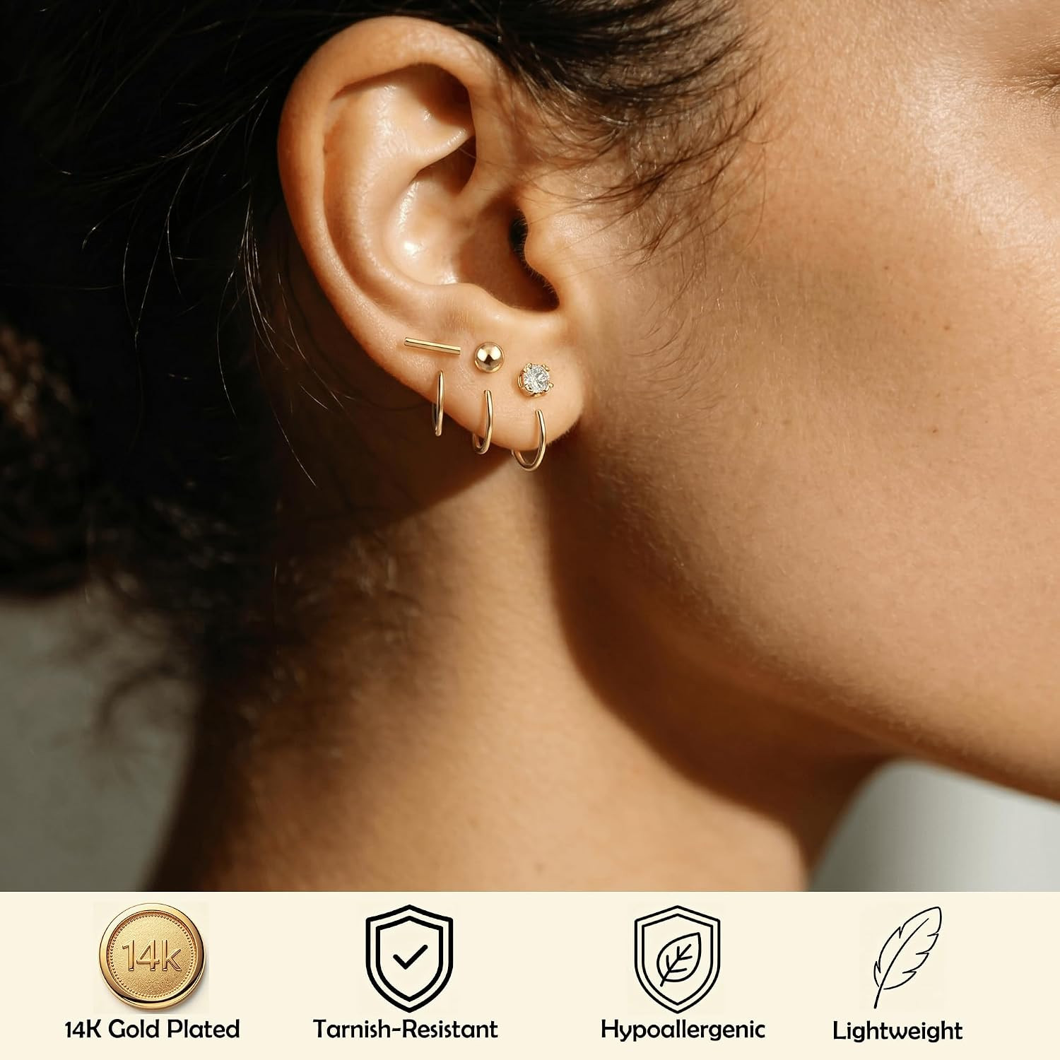 Backless Half Hoop Earrings for Women，3 Pairs 14K Gold Plated Stay Close No Back