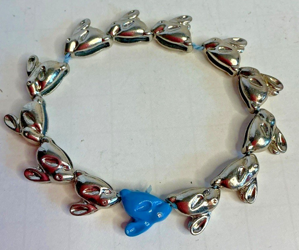 Silver & Blue Bunny Bracelet Stretch Metal Beads