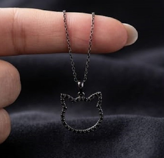 0.5ct Simulated Black Diamond Cat Outline Pendant Charm 14k Black Gold Finish