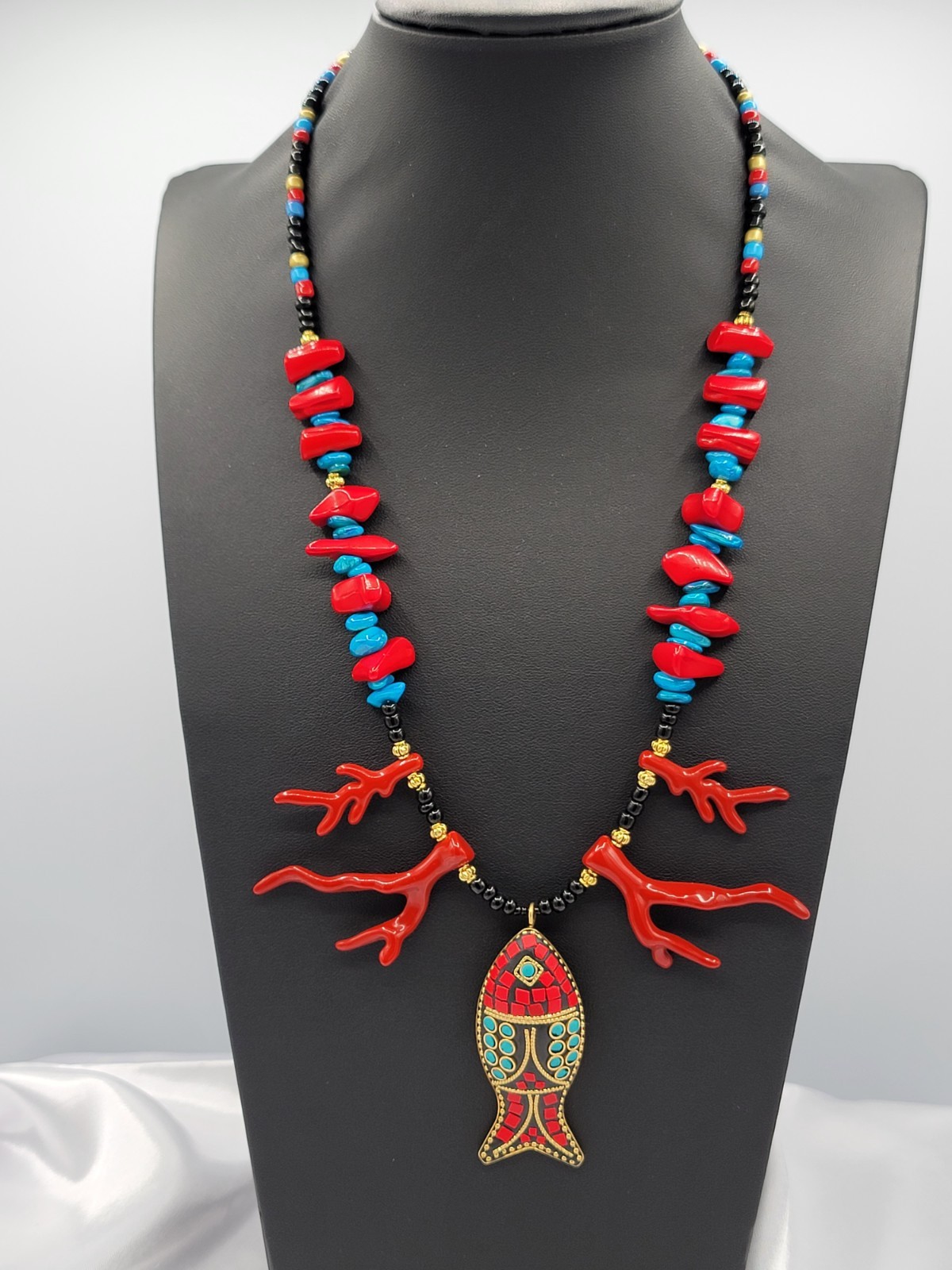 Red Turquoise Black Gold Beaded Necklace Fish Charm Pendant Lobster Clasp