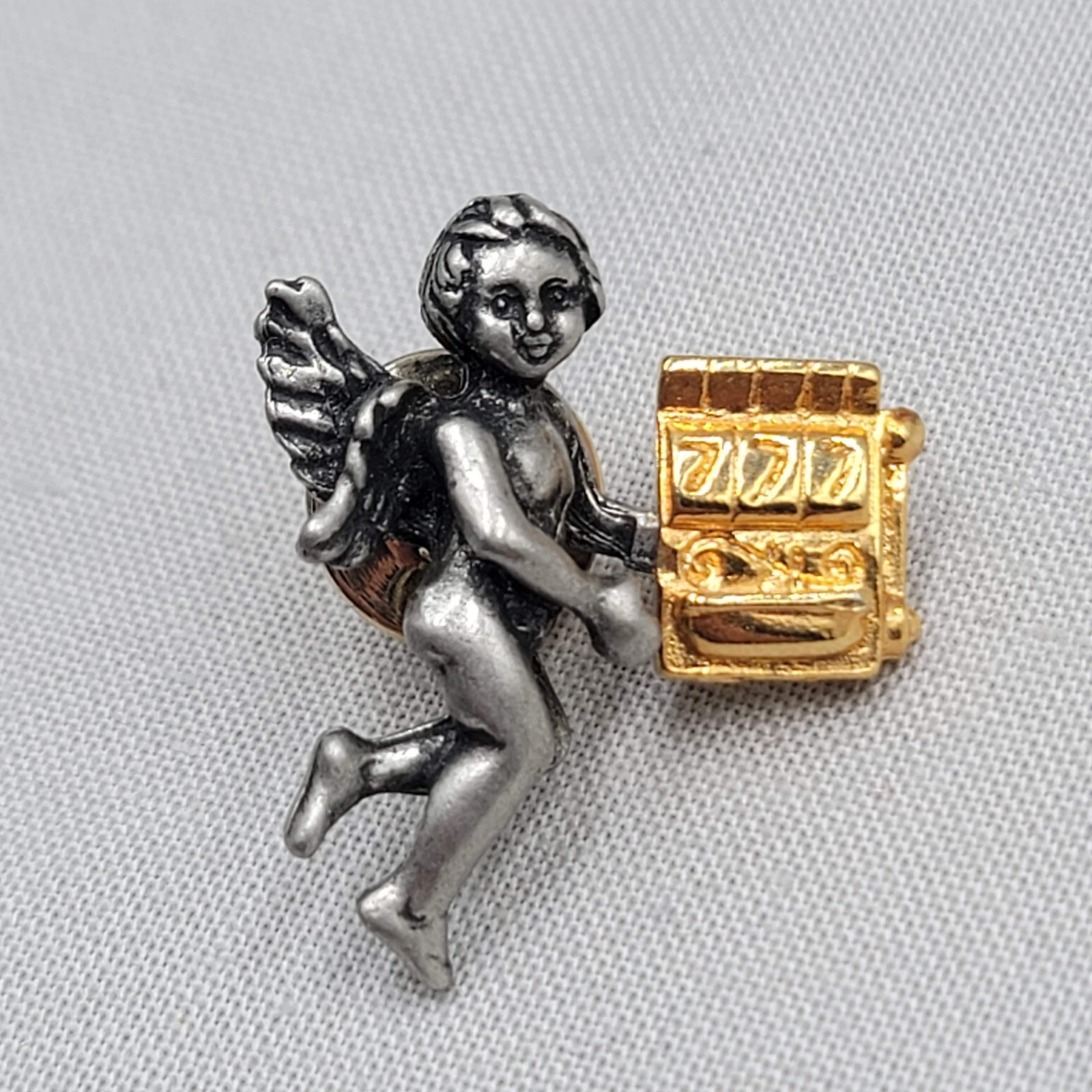 Avon Angel Slot Machine Lapel Pin Silver Gold Tone 777 Casino Luck Jewelry