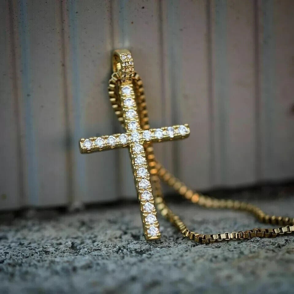 Round Cut Simulated Diamond Stunning Cross Fancy Pendant 14k Yellow Gold Plated