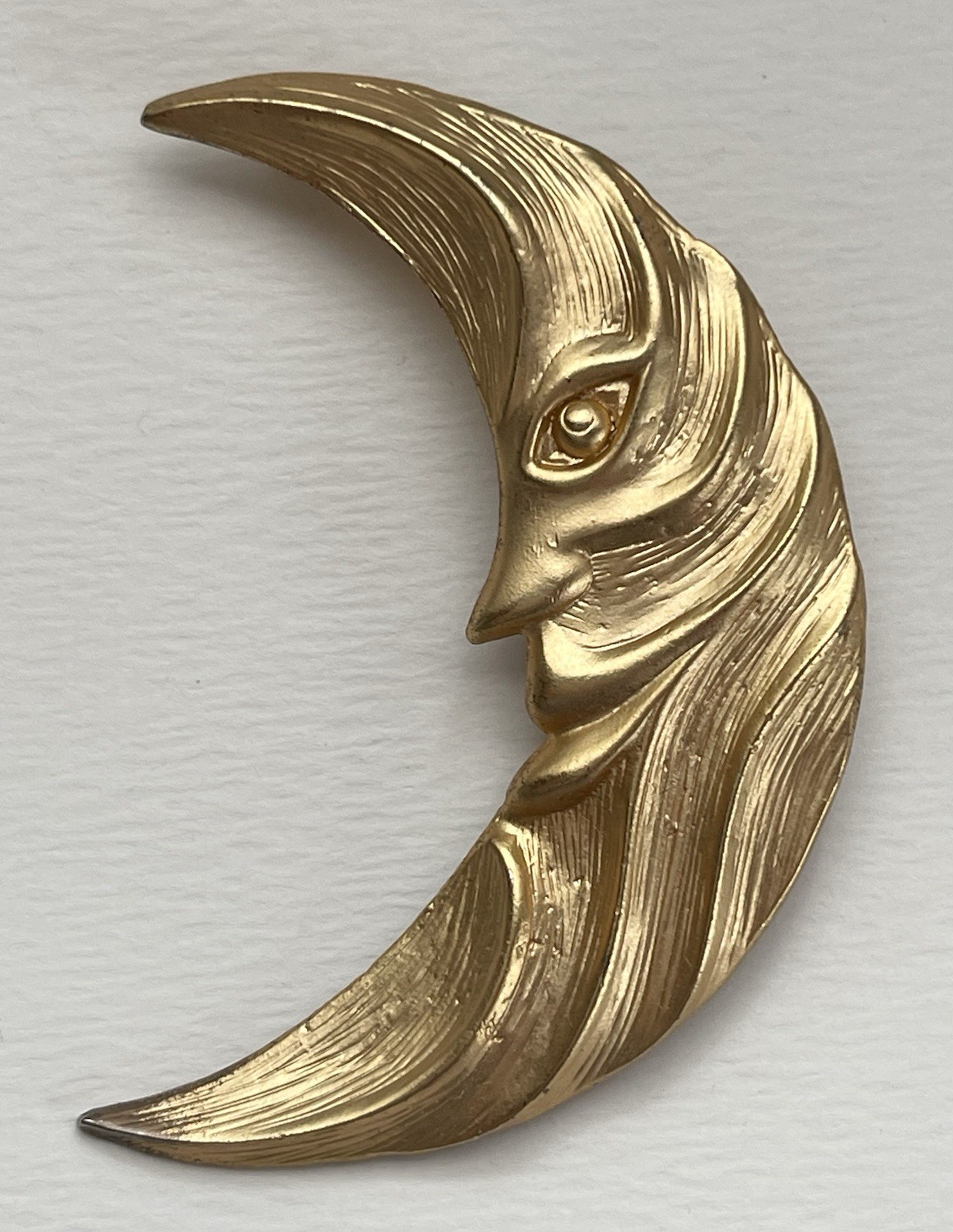 Vintage Crescent Man In The Moon Face Gold Tone Celestial Brooch Pin