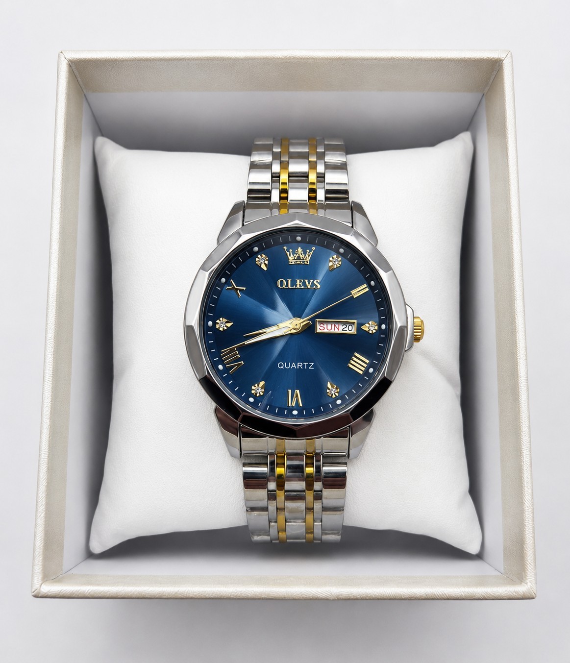OLEVS 9931 Men’s Quartz Watch Blue Dial Two-Tone Stainless Steel Day Date