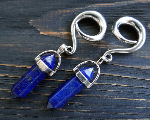 Lapis lazuli hangers for stretched ear weights gauges Crystal tunnels plugs Pair