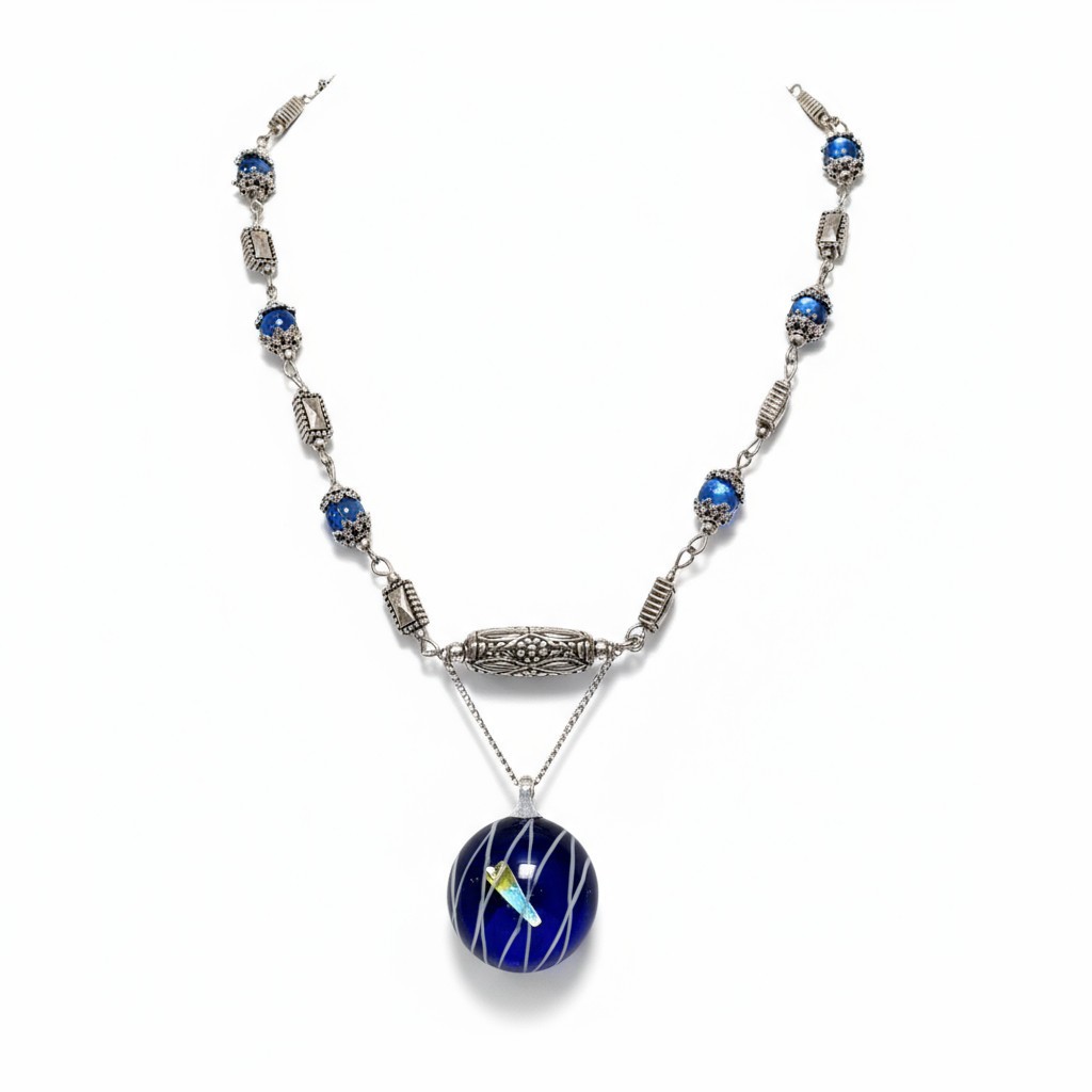 Blue hand made pendant blue bead silver tone finish necklace