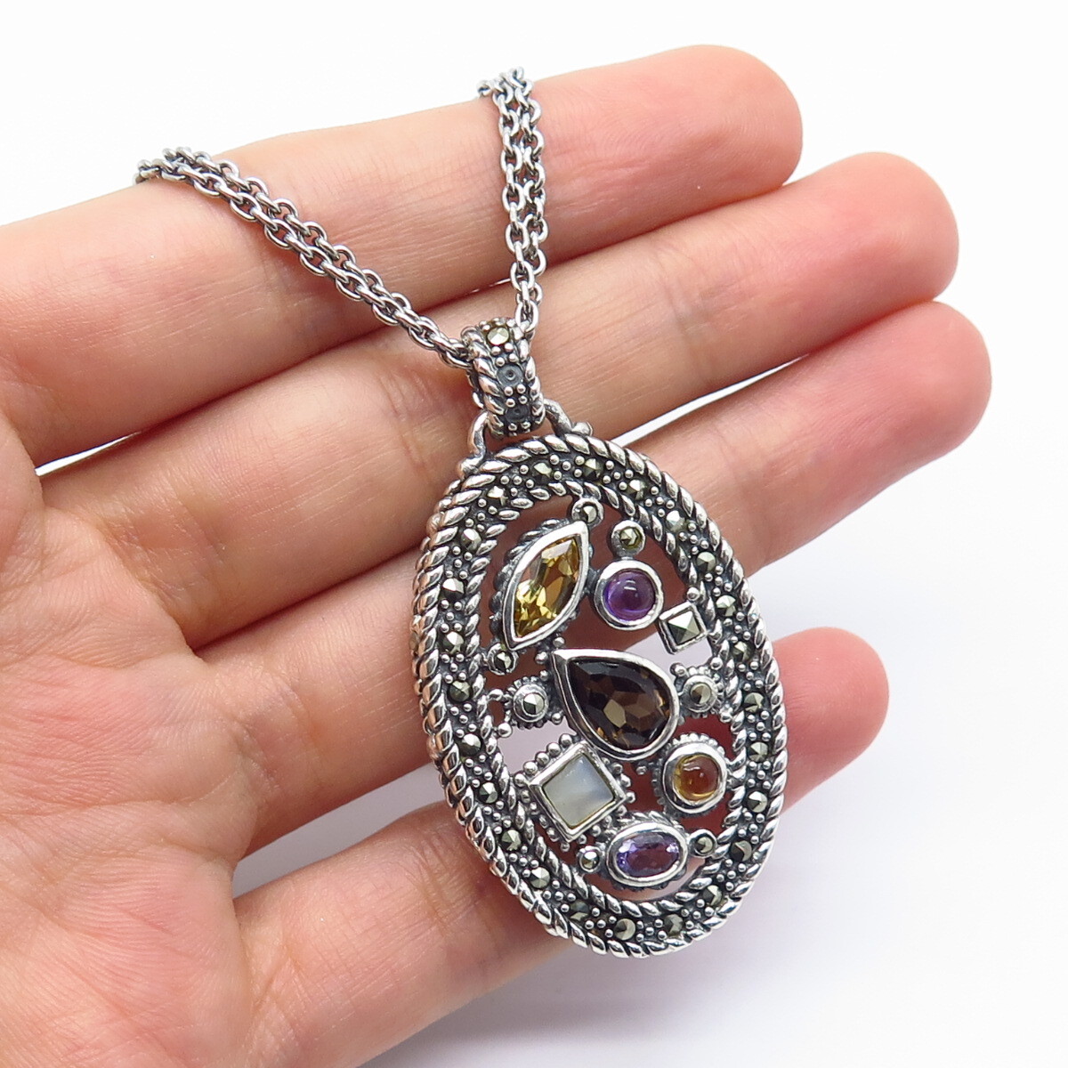 925 Sterling Silver Vintage M.S.Co. Real Multi-Color Gem Rolo Chain Necklace 17″