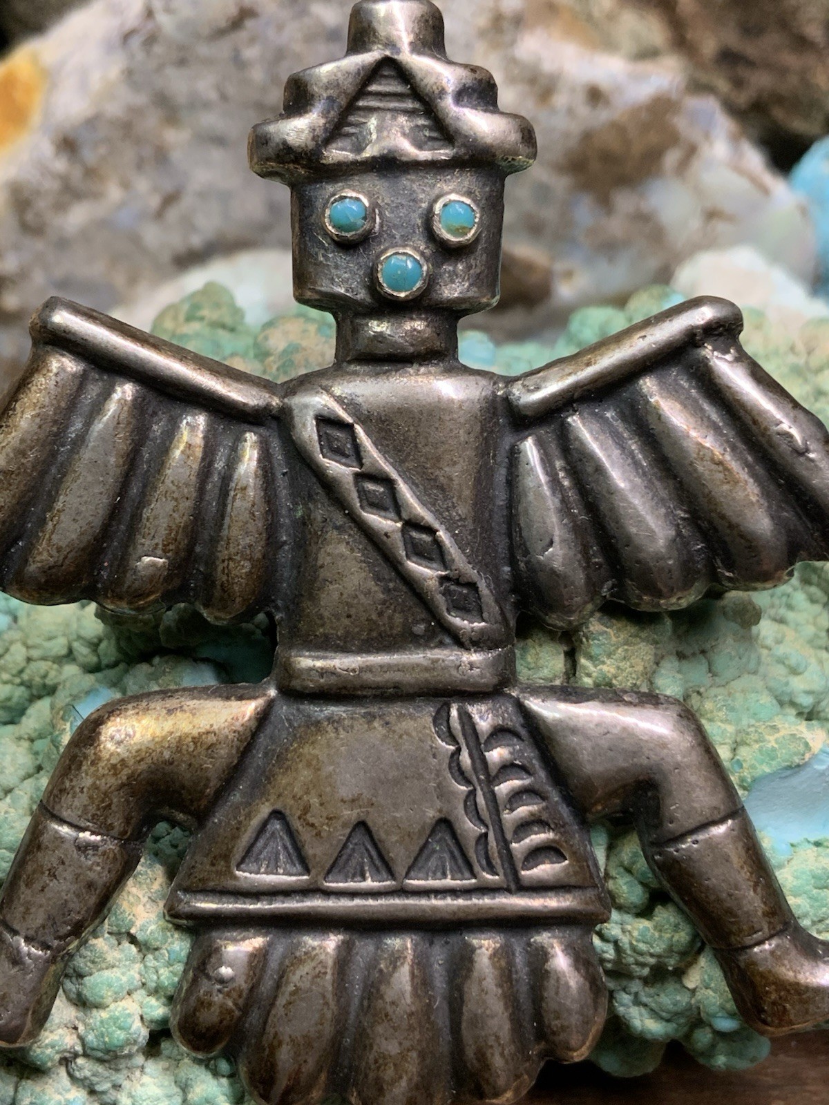 Vintage, 1940’s Native American Sterling Silver & Turquoise Knifewing Pin, 25.0g