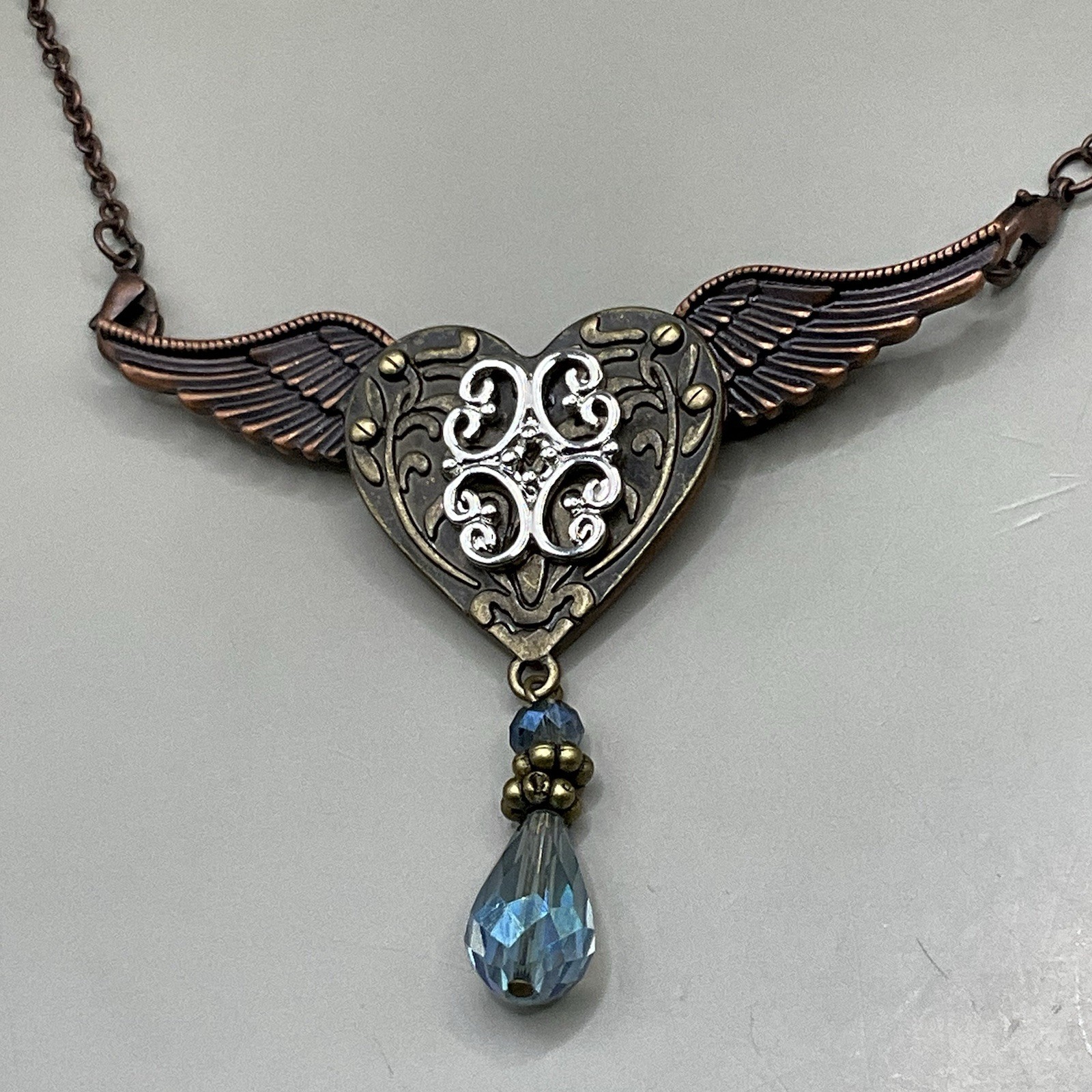 Alexa’s Angels Necklace Mixed Metal Heart Crystal Drop Pendant Brooch