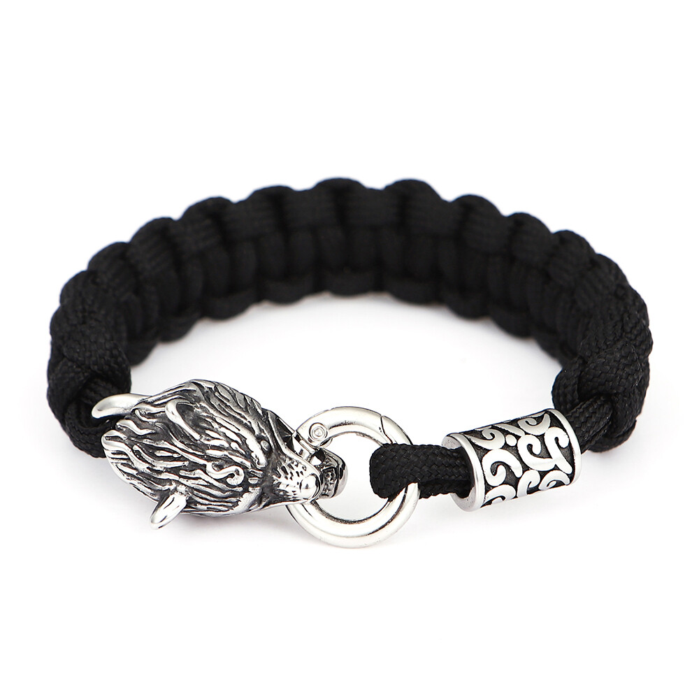 Men’s Stainless Ssteel Norse Viking Wolf Bracelets Black Parachute Rope Bracelet