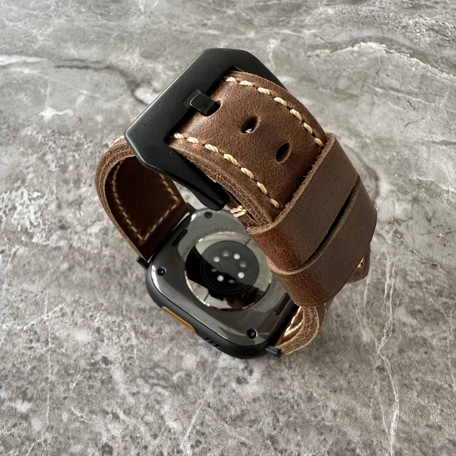 Premium Leather Thick Dark Brown Watch Strap For Black Apple Watch Ultra 49mm
