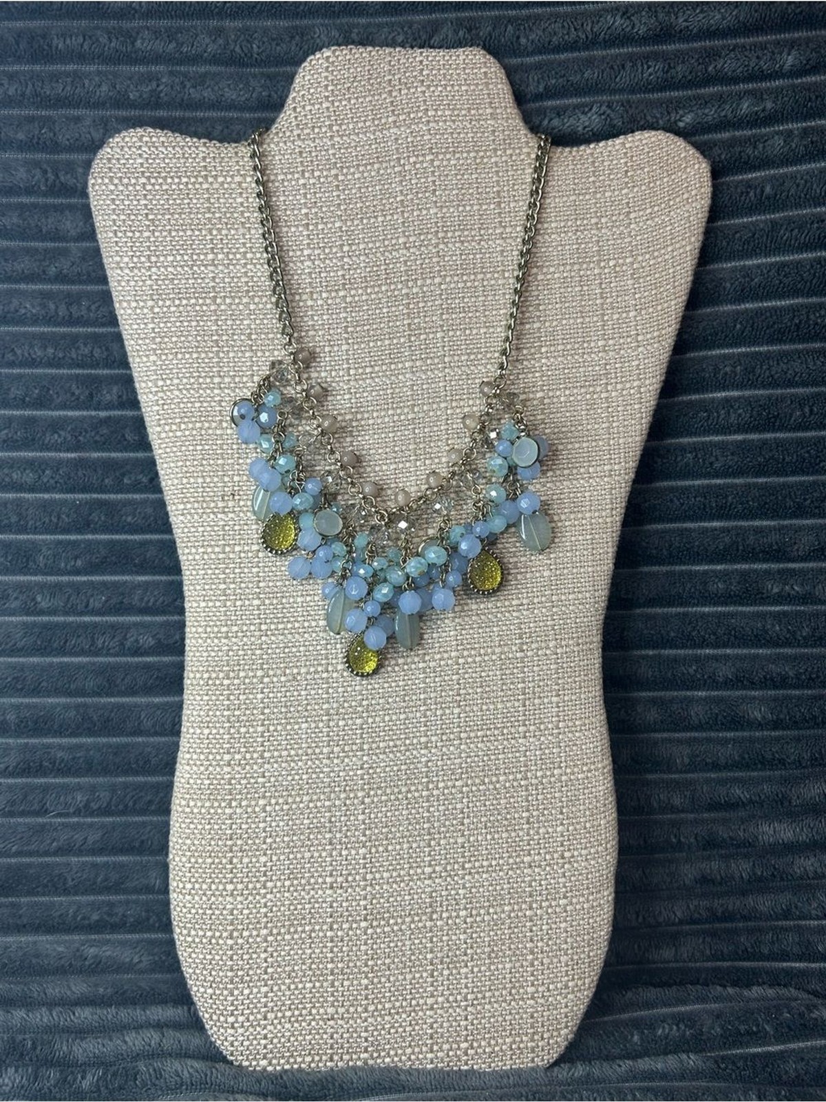 Gold Pastel Periwinkle Blue Beaded Chandelier Bib Necklace Yellow Druzy