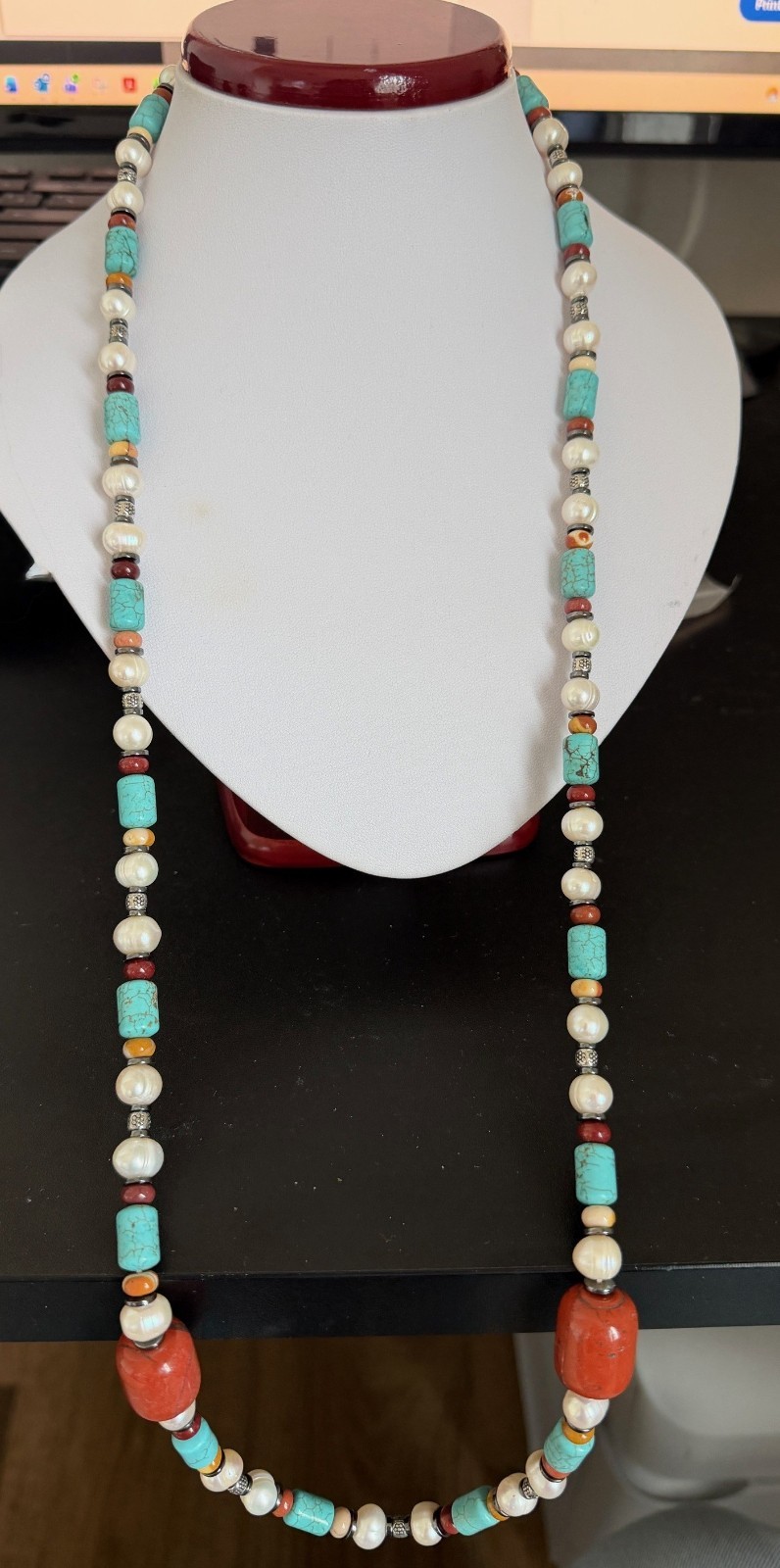 Baroque 35 inches long 8-9 mm White Pearl Necklace with Natural Gem and Agate