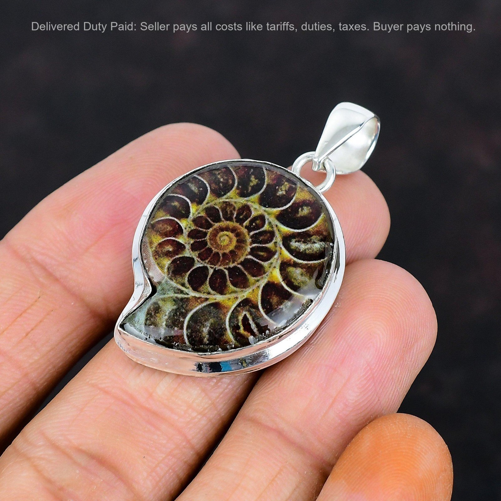 Ammonite Fossil Pendant 925 Sterling Silver Jewelry Natural Gemstone Pendant