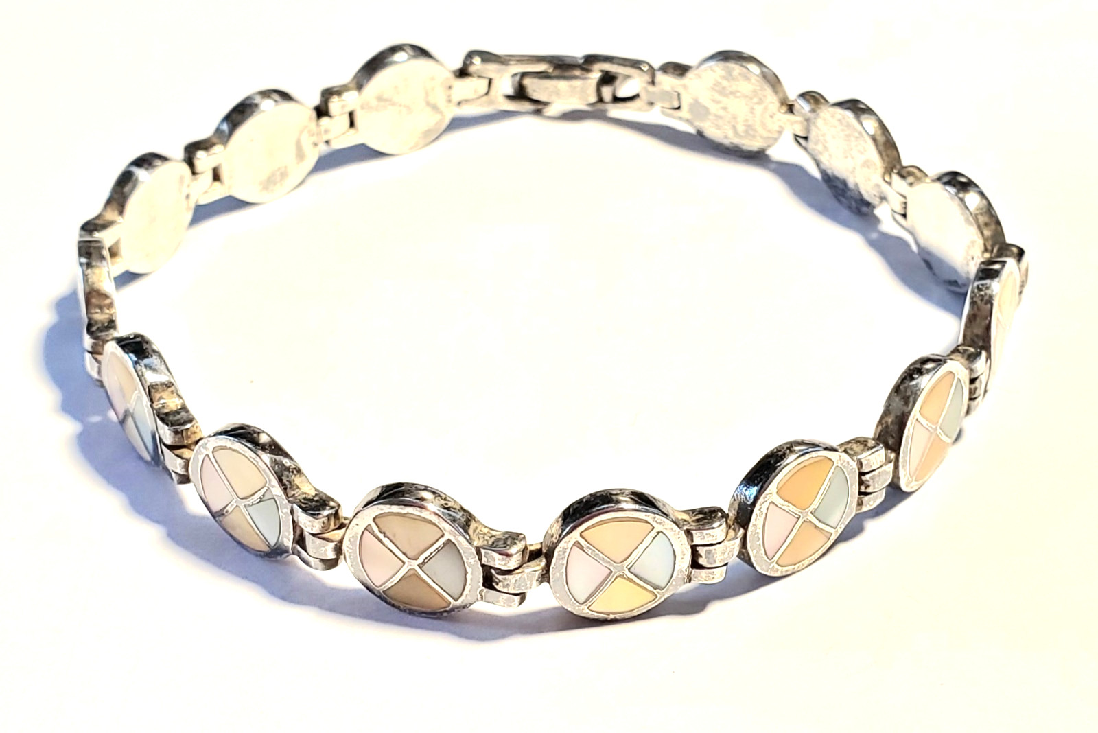 Vintage Bracelet, Sterling Silver & Shell, Artisan Made, 8 Inches Long