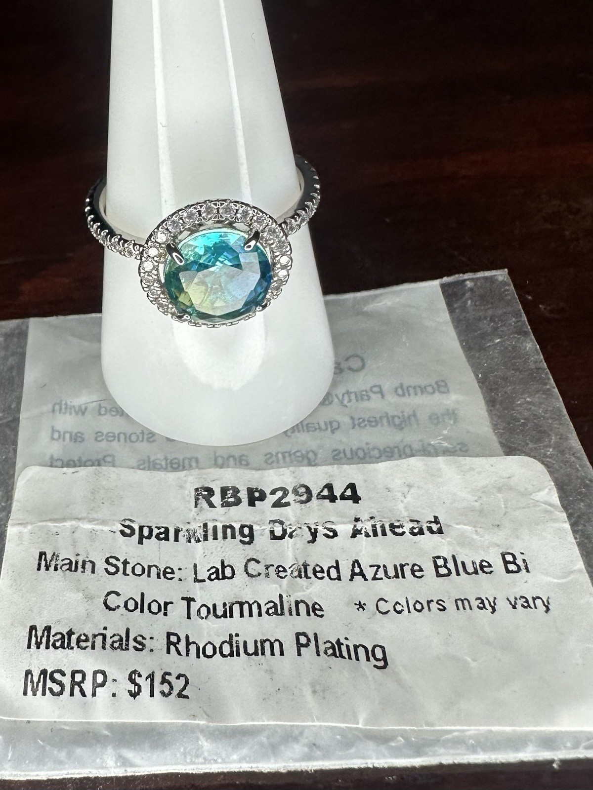 Bomb Party Ring- 01- 2944- Lab Created Bi-Color Azure- Size 9.25- Rhodium Plated
