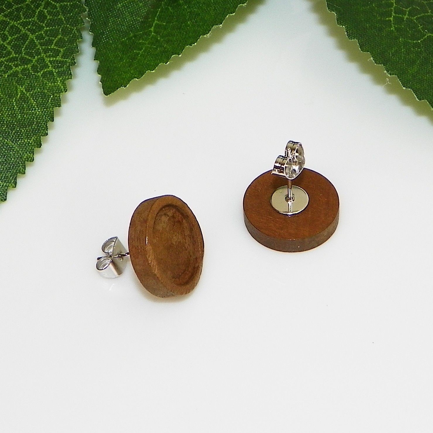 12mm Round Wood and Stainless Steel Cabochon (Cab) Earring Setting