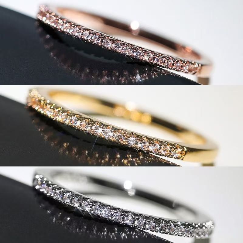 Classic Women 18K Gold Plated 2MM Thin Sparkling CZ Band Ring Wedding Engagement