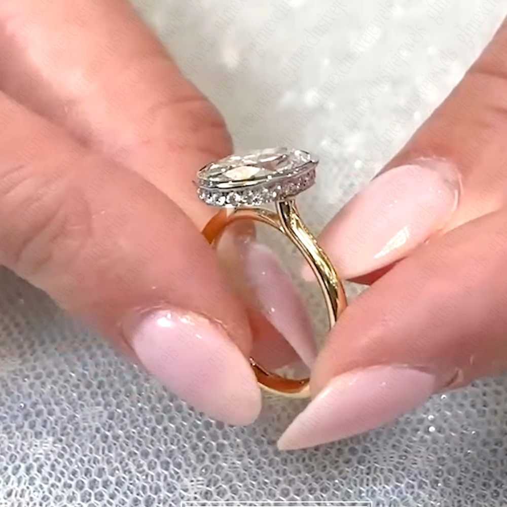3.85Ctw Oval Moissanite Bezel Hidden Halo Engagement Ring In 14K Two-Tone Gold