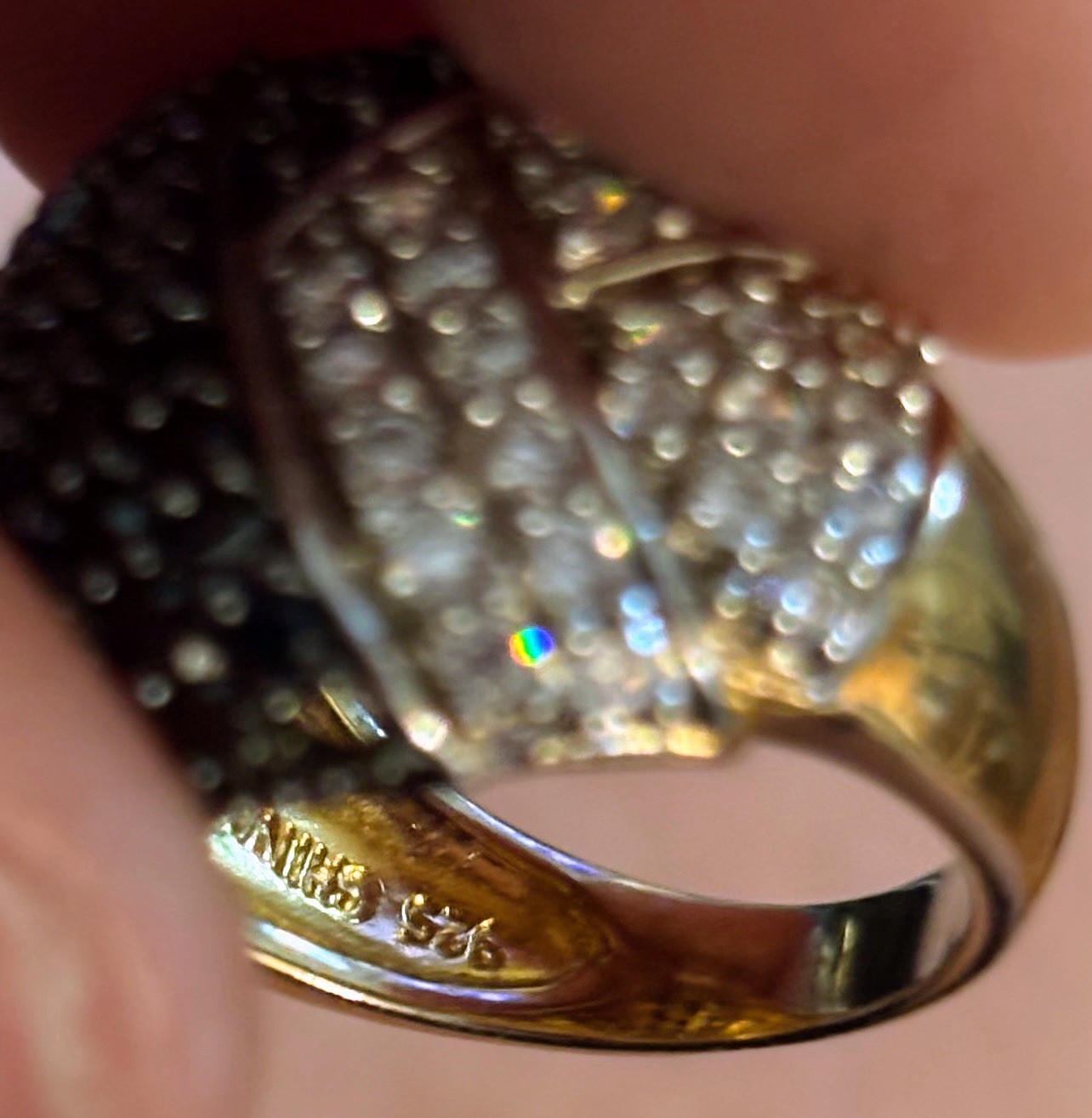 Gold Tone Pavé Black & Clear Crystal Dome Cocktail Band Ring Size 5.25 stamp 925