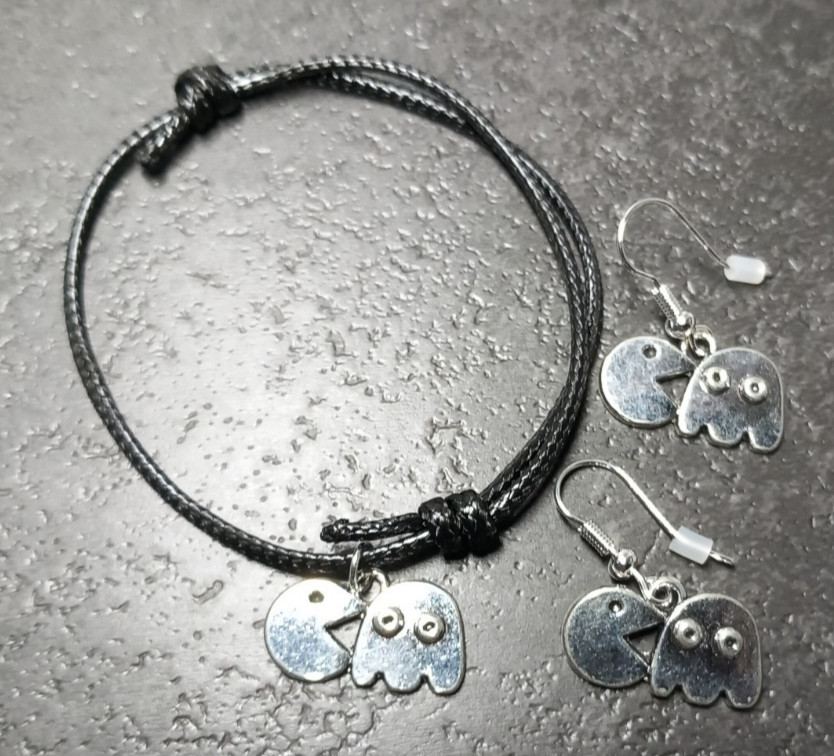 Pac Man Arcade Inspired Earrings + Bracelet Silver Tone Metal Gift Set New