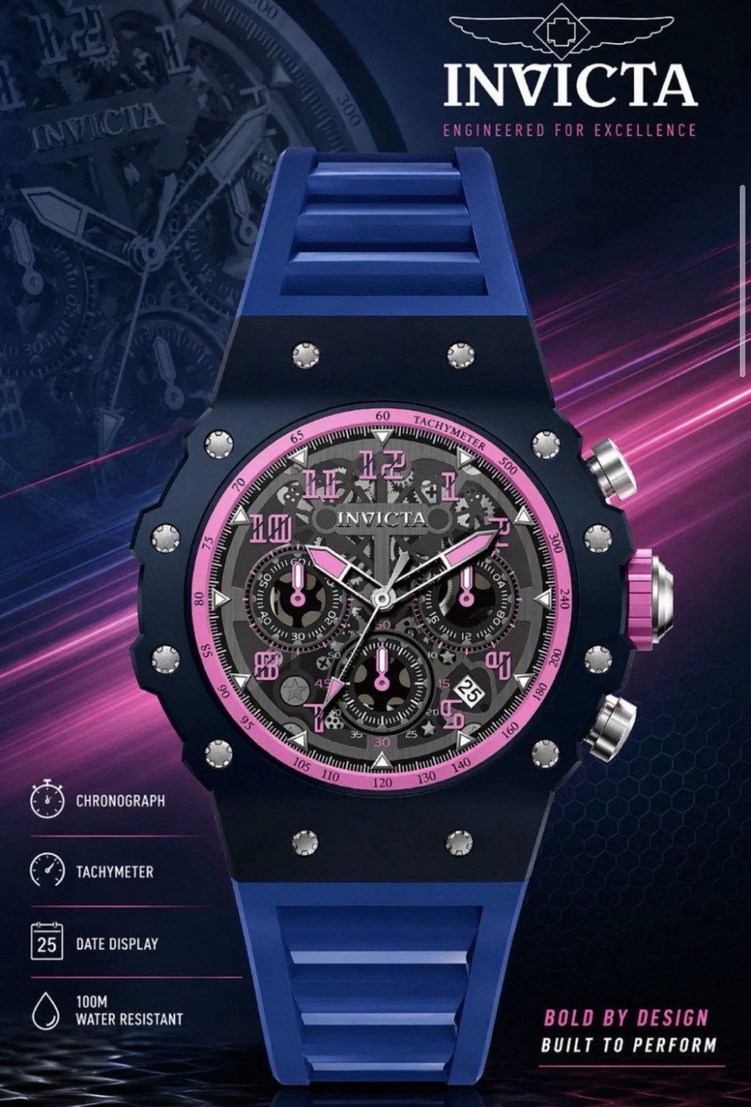 Invicta Racing Quartz Silver Dial, Quartz, Working Chronograph. Pink/Blue/Black!