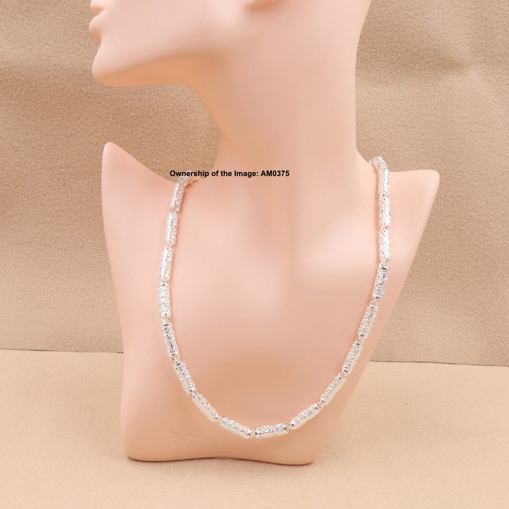 Real 999 Fine Silver Floral Tube Link Chain Necklace 6mm Width Filigree Jewelry