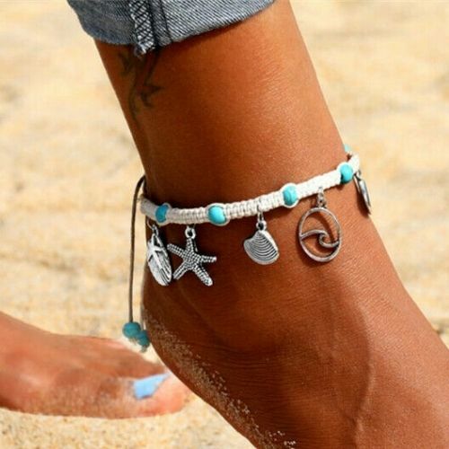 Macramé Rope Starfish Anklet Seashell Ankle Bracelet Turquoise Blue Bead Beachy