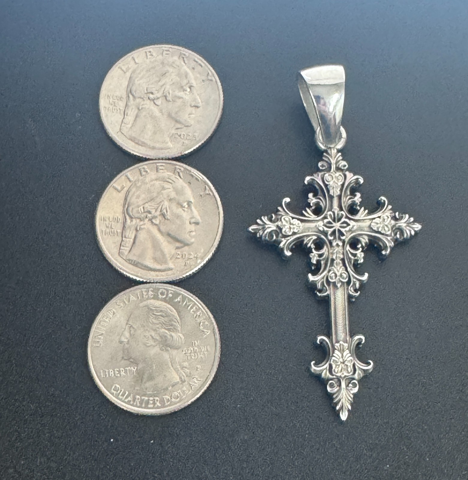 Oxidized Gothic Cross Charm Pendant 2.5″ Polished Solid Sterling Silver .925