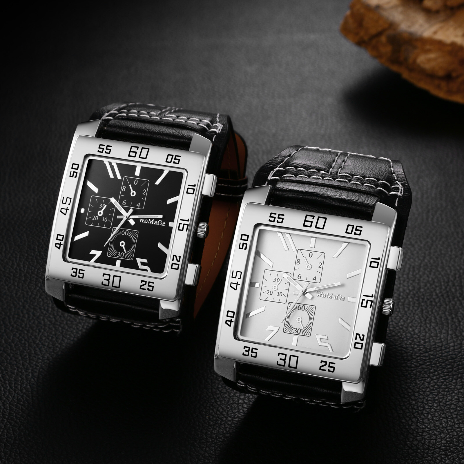 Mens Punk Wide Leather Cuff Band Big Square Dial Analog Quartz Biker Wrist Watch