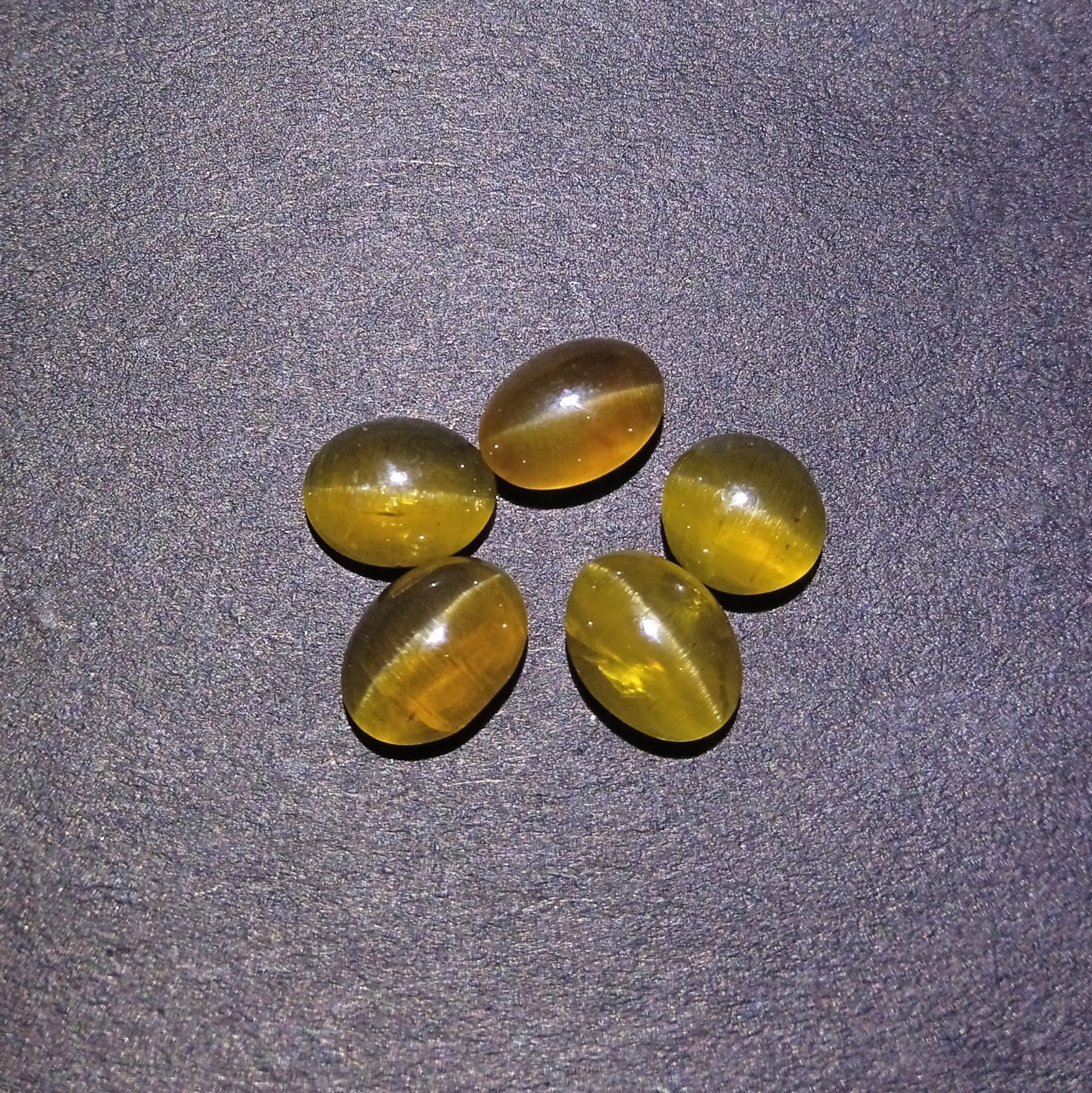 9.2 Ct Apatite Cat’s Eye Cabochon Gemstone 5 Piece Lot: Green Brown Oval/Round