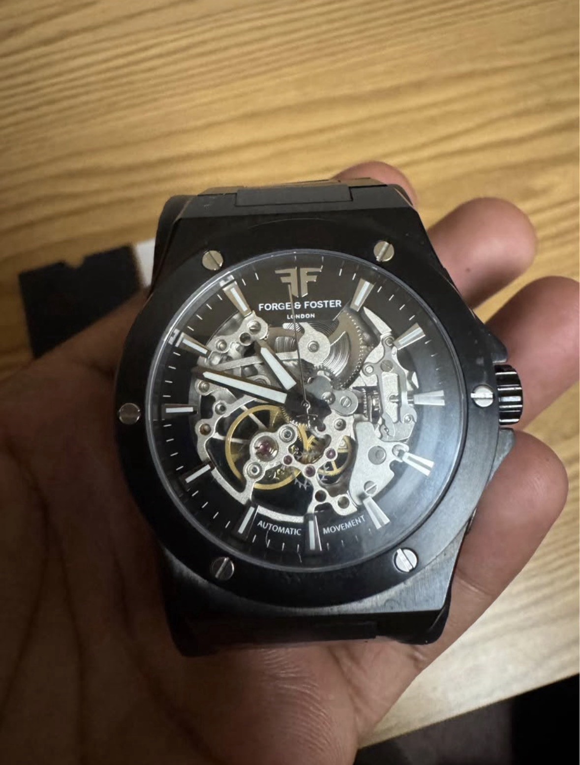 Forge & Foster London Automatic Skeleton Dial Men’s Watch Black Rubber Strap