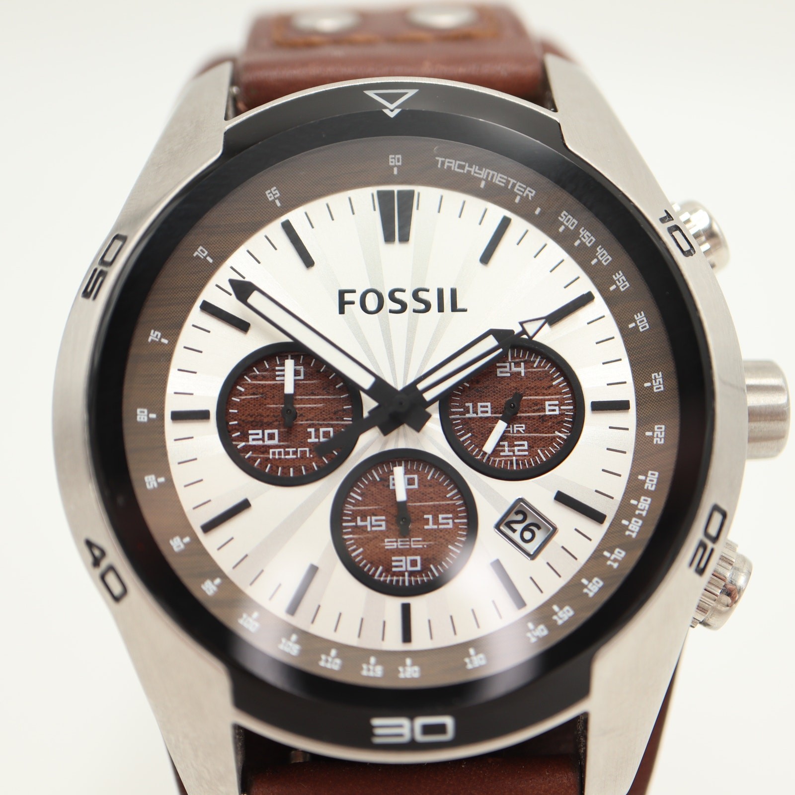 Fossil Coachman Mens Brown 45mm Watch Wood Grain Subs Leather Cuff w New Battery