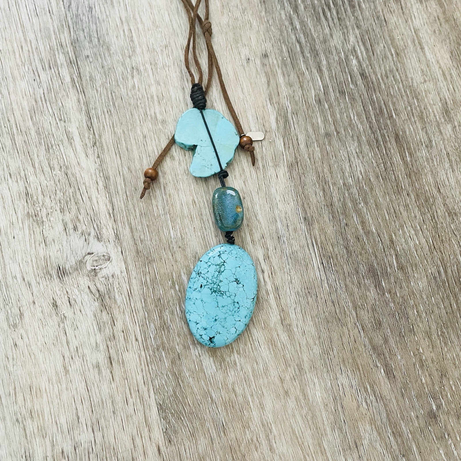 Turquoise Stone Drop Pendant Necklace – Brown Cord