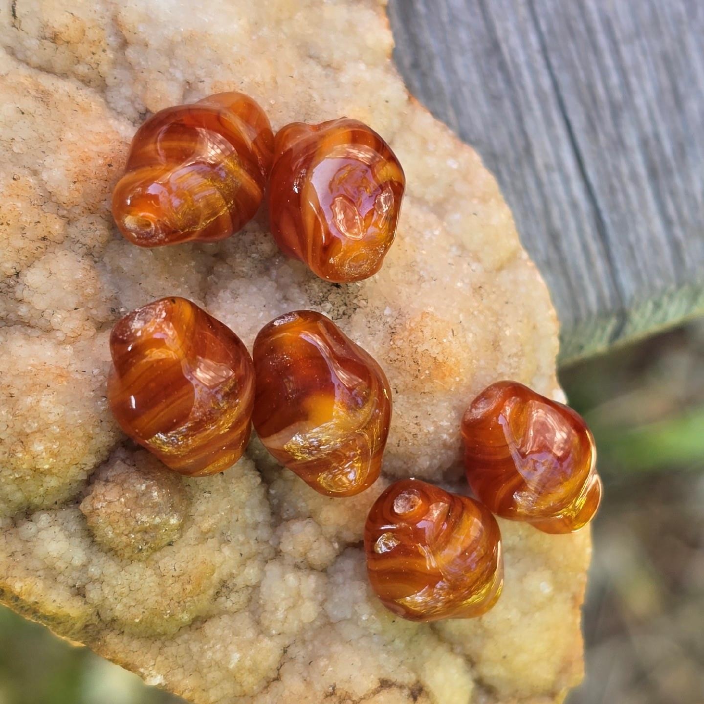 6 Vintage Handmade Lampwork Glass Beads Swirl Caramel Amber Brown Artisan