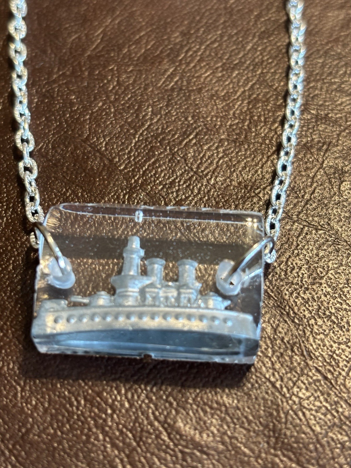 Vintage, Metal Ship Game Piece, Suspended in Resin, on a Silver Plated Chain.WOW