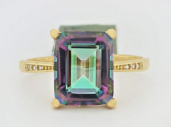 MYSTIC TOPAZ 3.85 Cts & WHITE SAPPHIRES RING 14k YELLOW GOLD PLATED