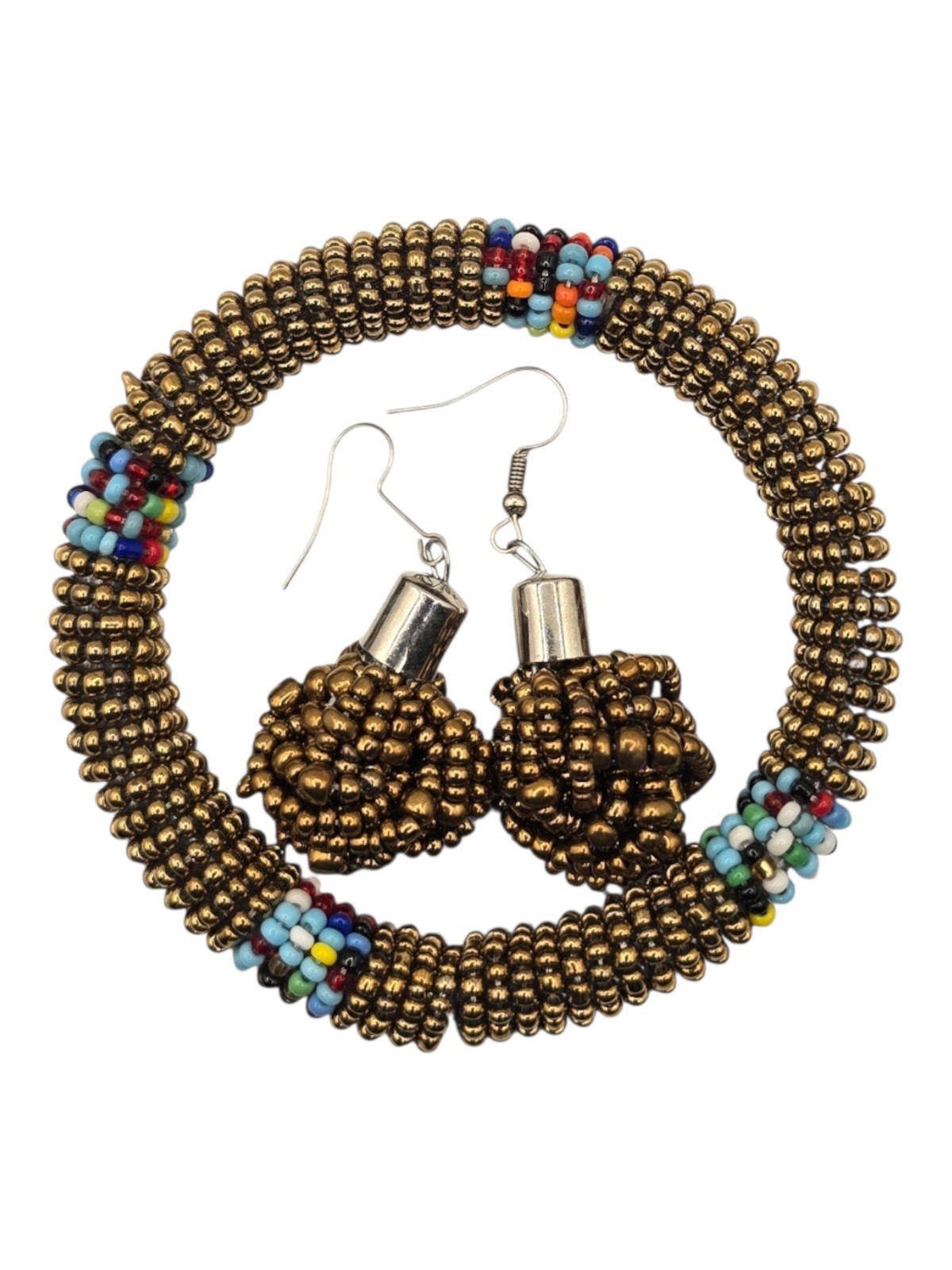African Bracelet with Earring Set – Beige Handmade in Kenya by the Maasai Tribe
