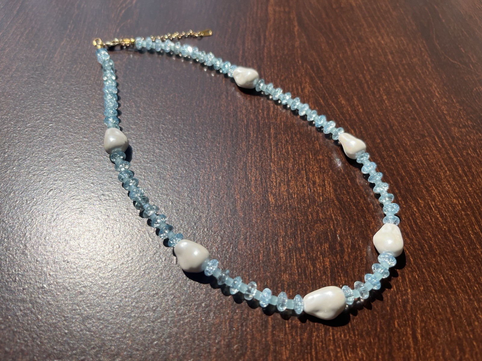 Handmade Beaded Necklace – Something Blue With Large Baroque Pearls 38cm/15in
