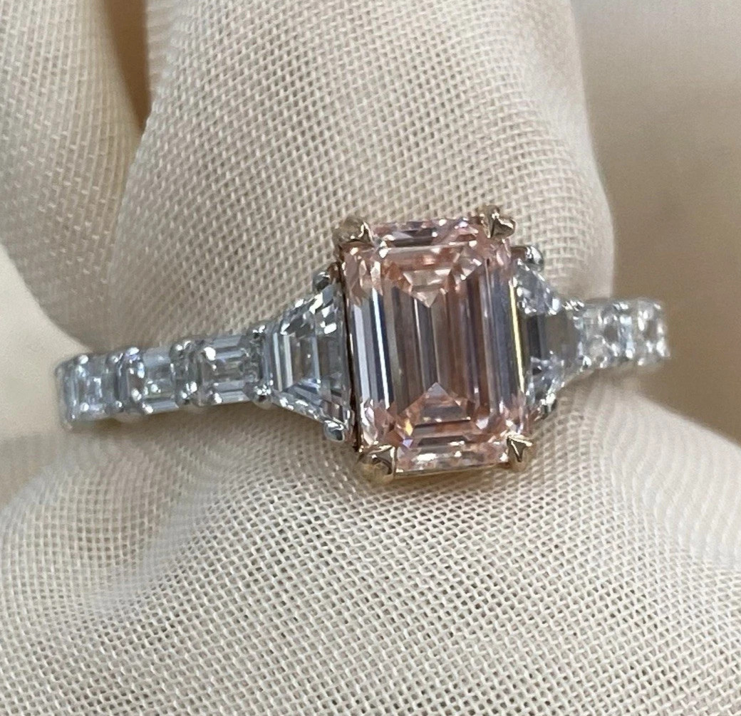 2.00Ct Emerald Cut Lab Grown Diamond Fancy Pink Diamond Wedding Ring 14K Gold