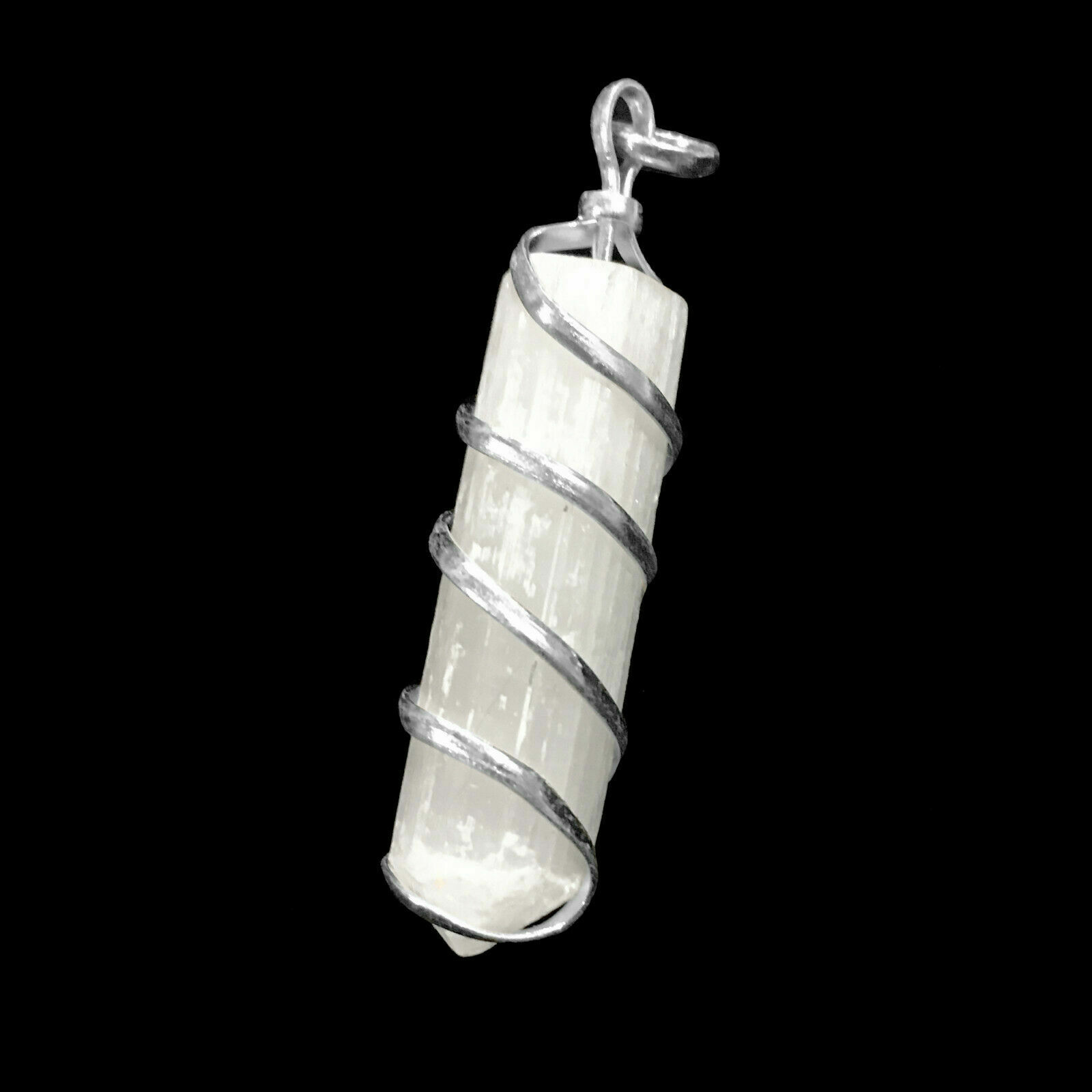 Selenite Wire Wrap Spiral Pendant Point Chakra Crystal Silver Necklace CHARGED
