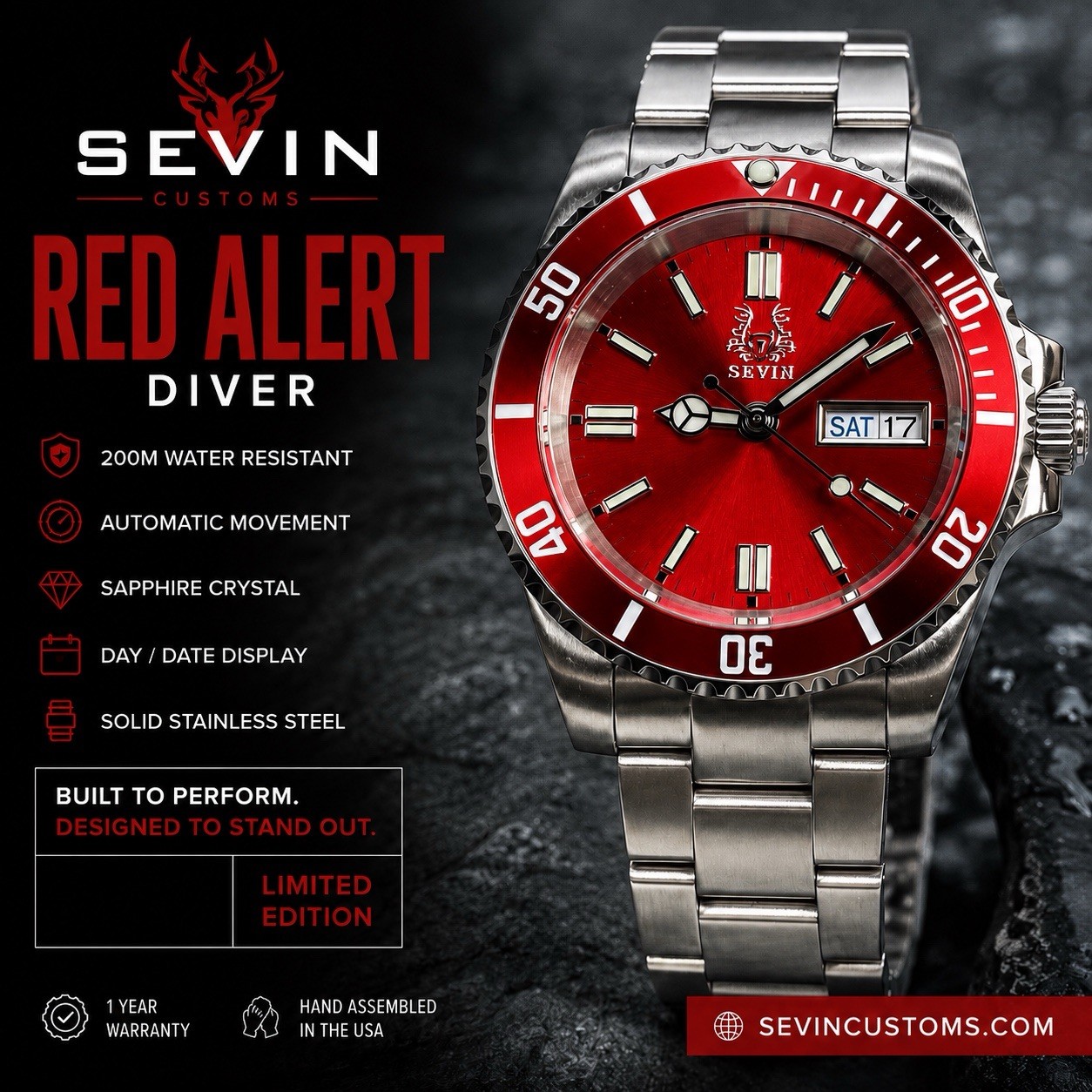 Custom “Red Alert” Diver-Automatic Watch NH36 – 40mm