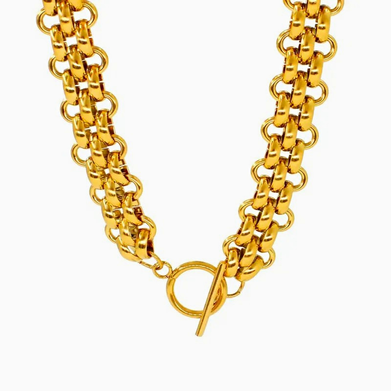 Gold Tone Set Double Strand Oval Link Chain Bracelet Stainless Steel