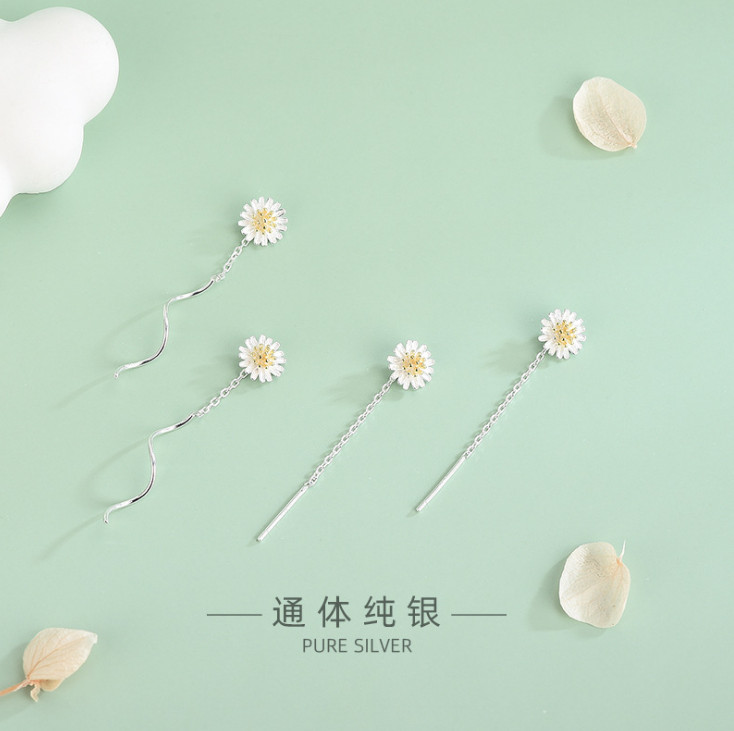 Sterling Silver Sun Flower Daisy Pull Through Wave Threader Stud Earrings PE47