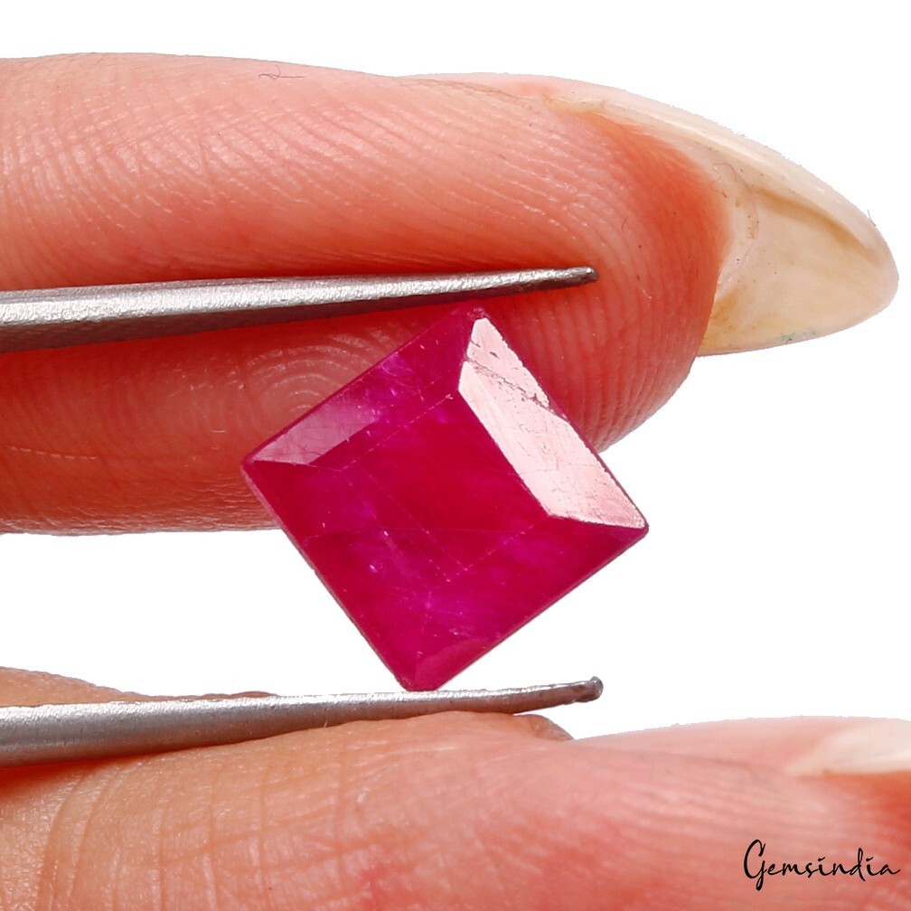 GTL Certified 3.66 Cts Dyed Red Corundum Square Cut Loose Gemstone for Ring