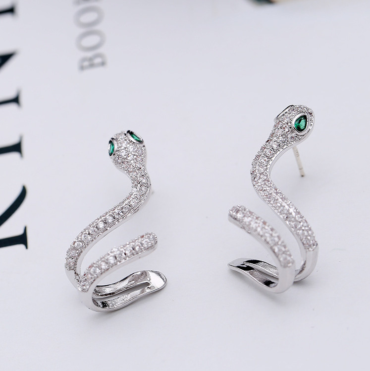 Sterling Silver Sparkling CZ Snake green eyes Stud earring ear cuff climber PE37